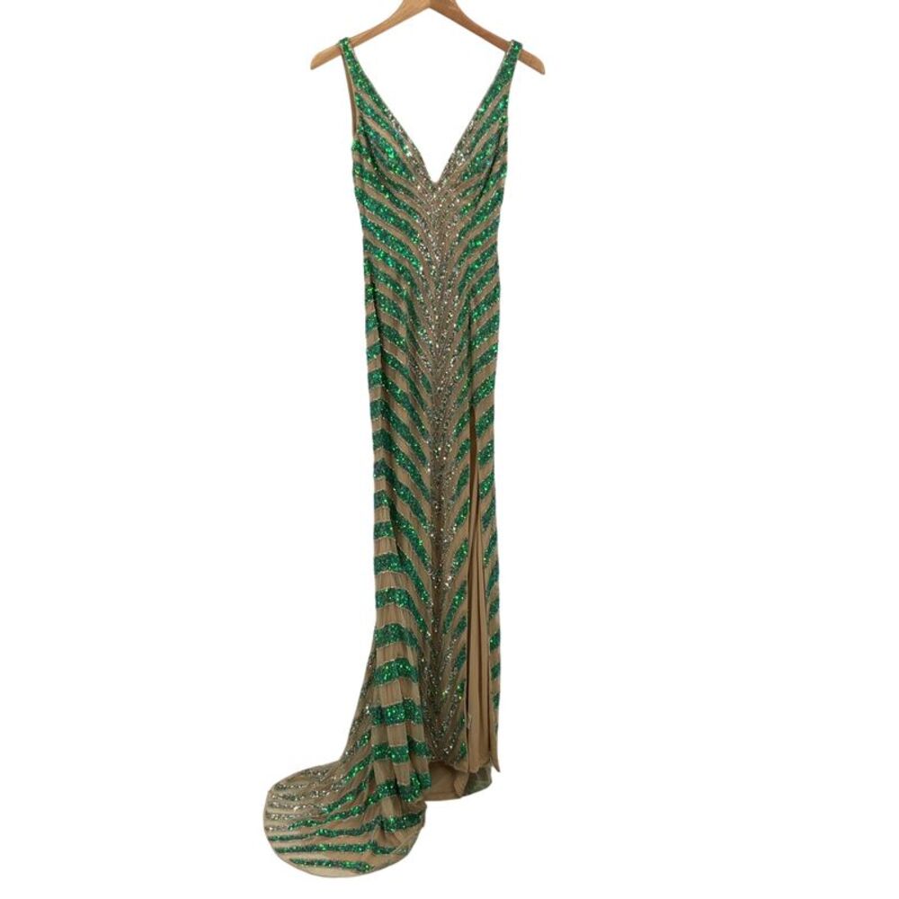 Jovani Women Sheer Sleeveless Beaded Sheath Gown Green S